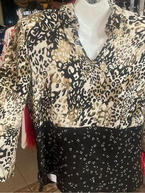 Investments Leopard Print Mixed Black and Tan Blouse